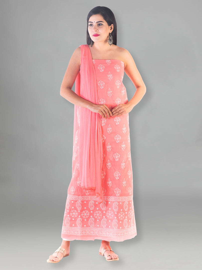 Seva Chikan Hand Embroidered Peach Cotton Lucknowi Chikan Unstitched Suit Piece-SCL1481