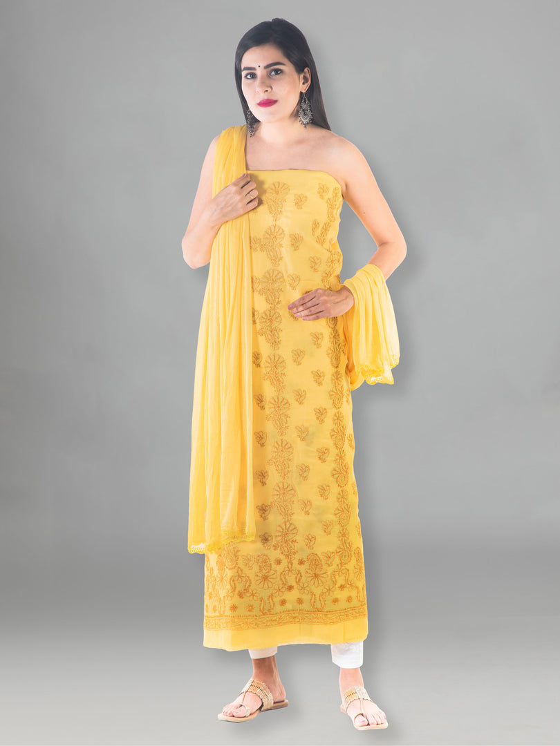 Seva Chikan Hand Embroidered Golden Yellow Cotton Lucknowi Chikan Unstitched Suit Piece-SCL1495