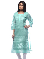 Load image into Gallery viewer, Seva Chikan Hand Embroidered Sea Green Cotton Lucknowi Chikan Kurti-SCL0275