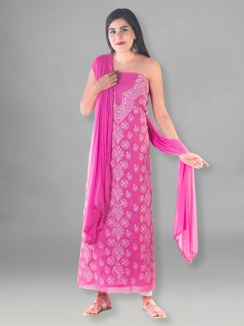 Seva Chikan Hand Embroidered Dark Pink Cotton Lucknowi Chikan Unstitched Suit Piece-SCL1496