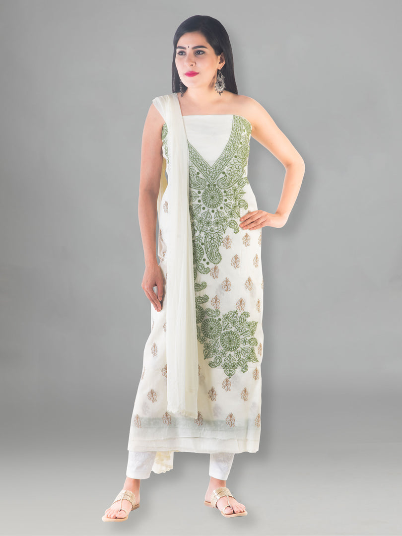 Seva Chikan Hand Embroidered Off White Cotton Lucknowi Chikan Unstitched Suit Piece-SCL1505
