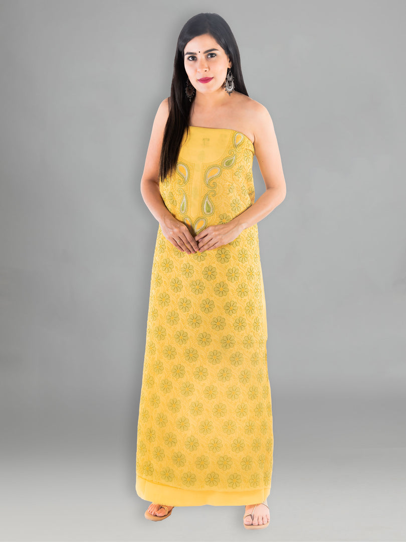 Seva Chikan Hand Embroidered Yellow Cotton Lucknowi Chikan Unstitched Suit Piece-SCL1536