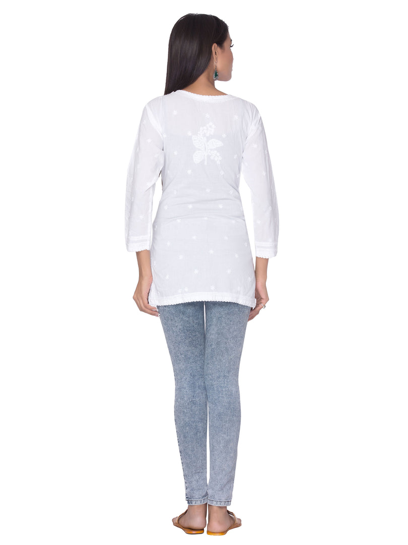 Seva Chikan Hand Embroidered White Cotton Lucknowi Chikan Top-SCL0983