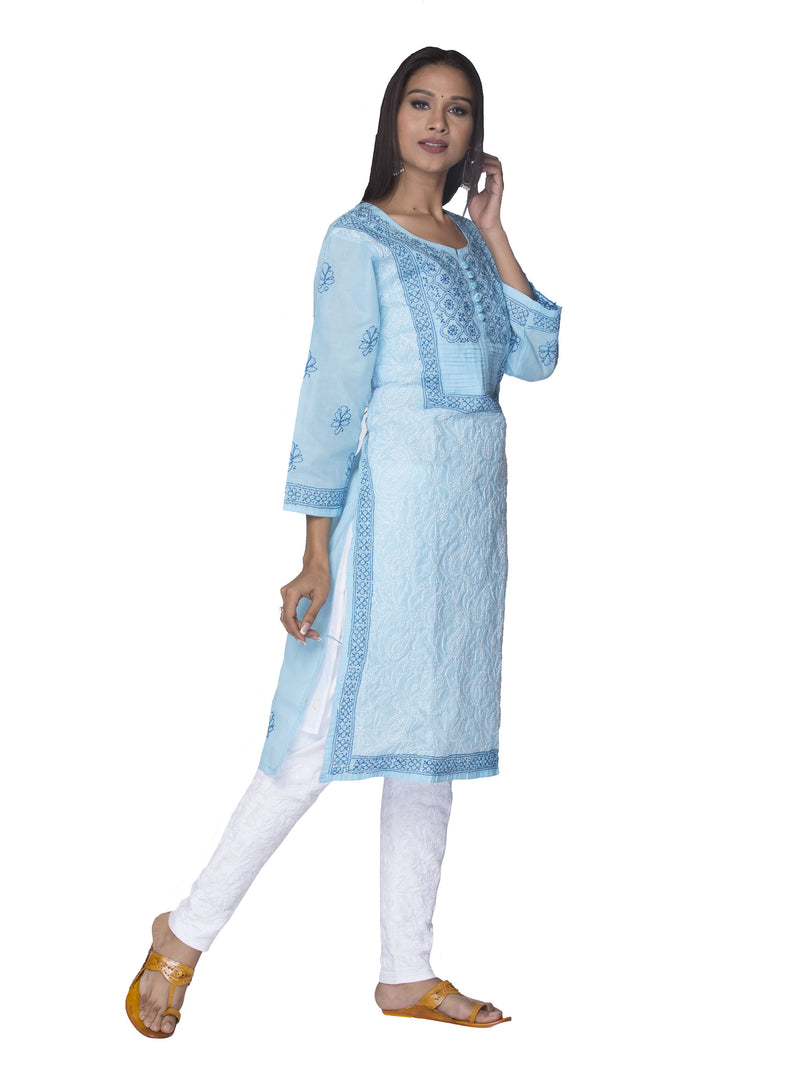 Seva Chikan Hand Embroidered Sky Blue Cotton Lucknowi Chikan Kurta-SCL0930