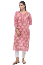 Load image into Gallery viewer, Seva Chikan Hand Embroidered Pink Cotton Lucknowi Chikan Kurti-SCL0323
