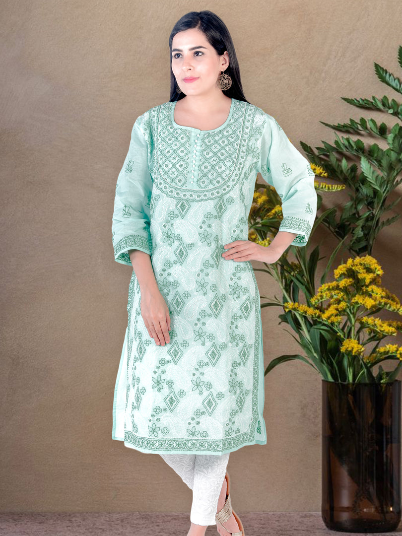Seva Chikan Hand Embroidered Turquoise Cotton Lucknowi Chikan Kurti SCL1226
