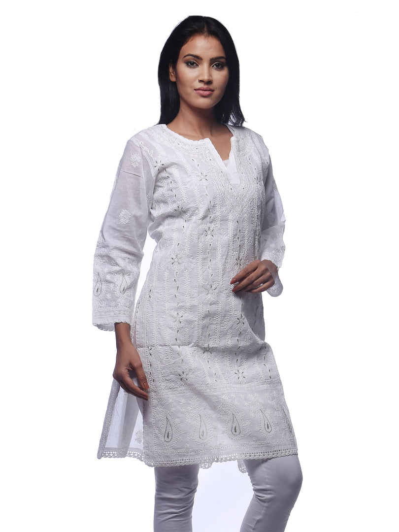 Seva Chikan Hand Embroidered White Cotton Lucknowi Chikan Kurti-SCL0223