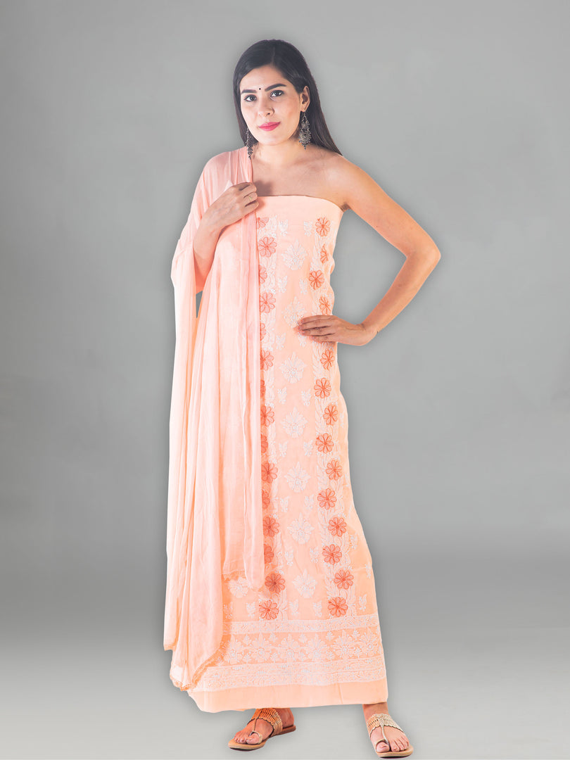 Seva Chikan Hand Embroidered Peach Cotton Lucknowi Chikan Unstitched Suit Piece-SCL1427