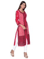 Load image into Gallery viewer, Seva Chikan Hand Embroidered Red Cotton Front Open Lucknowi Chikan Kurta-SCL0913