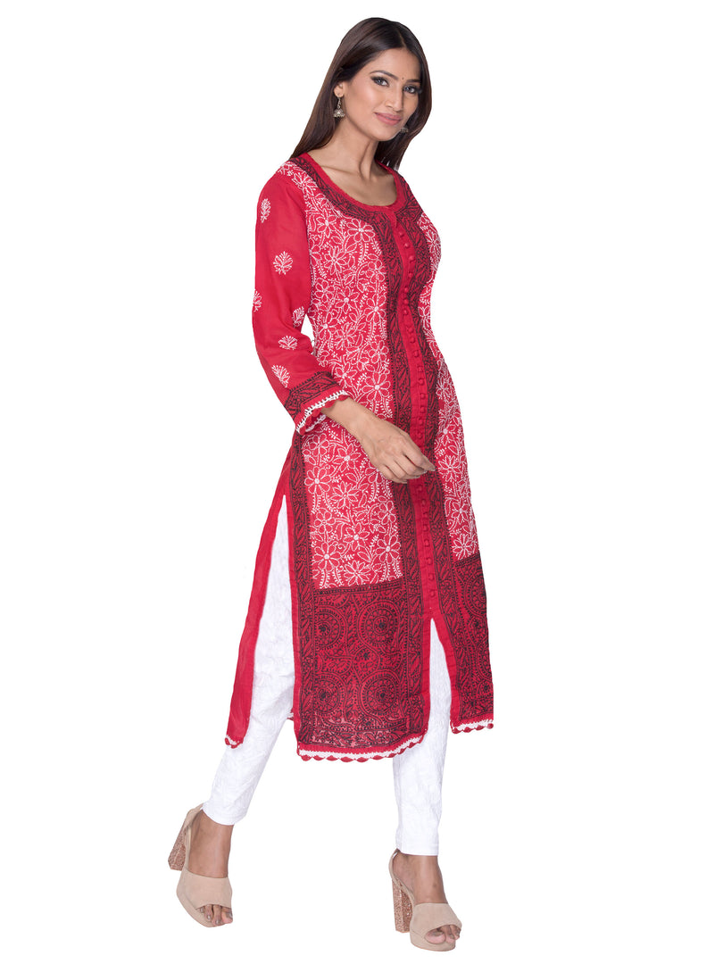 Seva Chikan Hand Embroidered Red Cotton Front Open Lucknowi Chikan Kurta-SCL0913