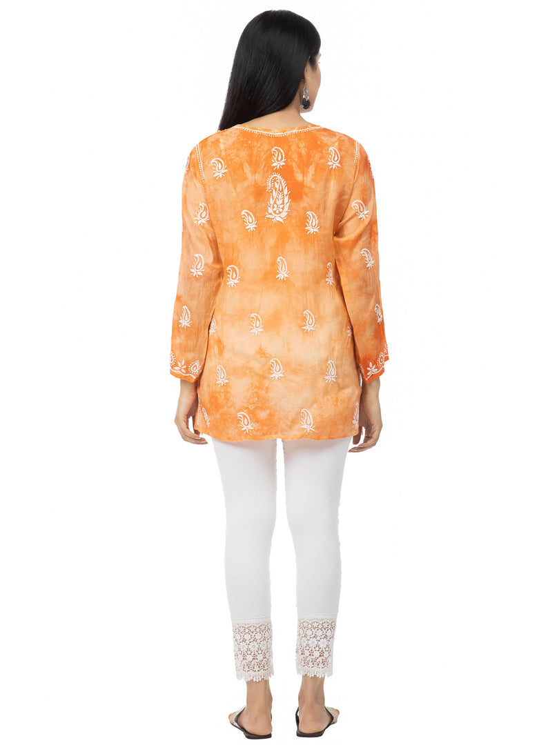 Seva Chikan Hand Embroidered Orange Rayon Lucknowi Chikankari Short Top-SCL2013
