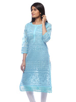 Load image into Gallery viewer, Seva Chikan Hand Embroidered Blue Cotton Lucknowi Chikan Kurti-SCL0274
