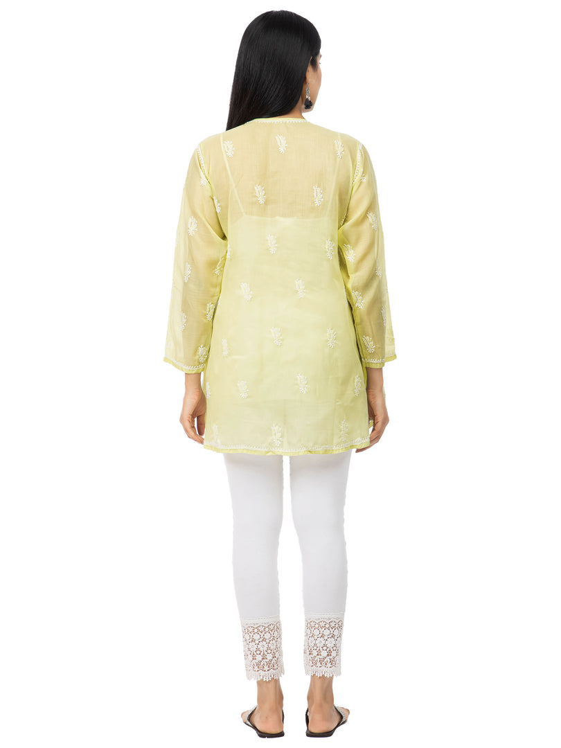 Seva Chikan Hand Embroidered Yellow Cotton Lucknowi Chikankari Short Top-SCL2014