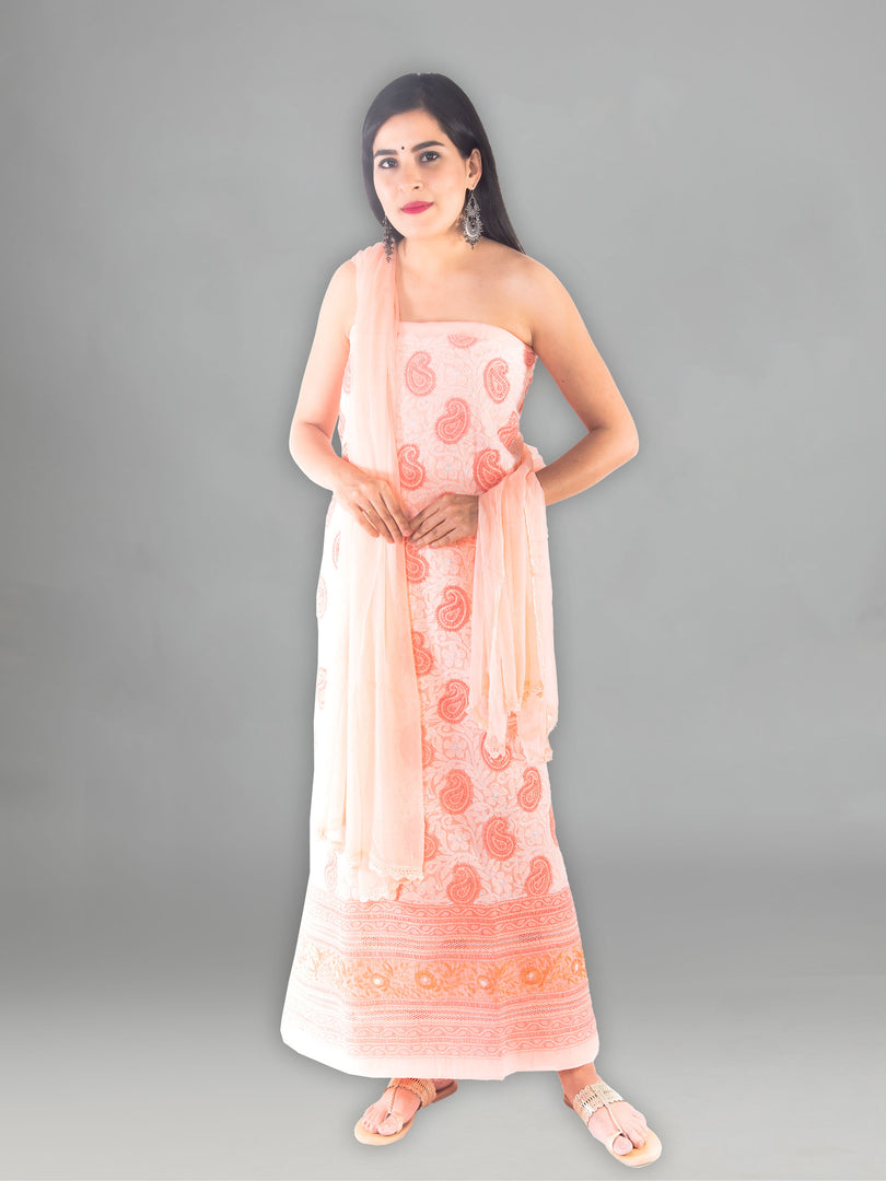 Seva Chikan Hand Embroidered Peach Cotton Lucknowi Chikan Unstitched Suit Piece-SCL1442