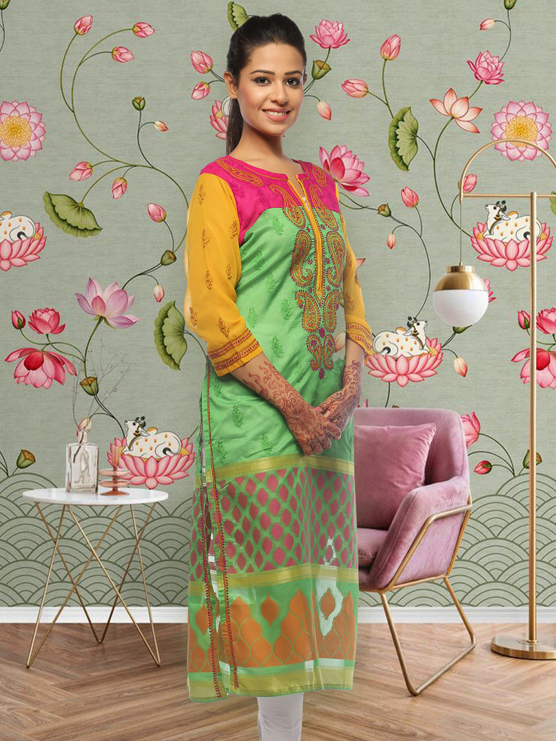 Seva Chikan Hand Embroidered Green & Pink Chanderi Silk Lucknowi Chikan Kurti SCL0612