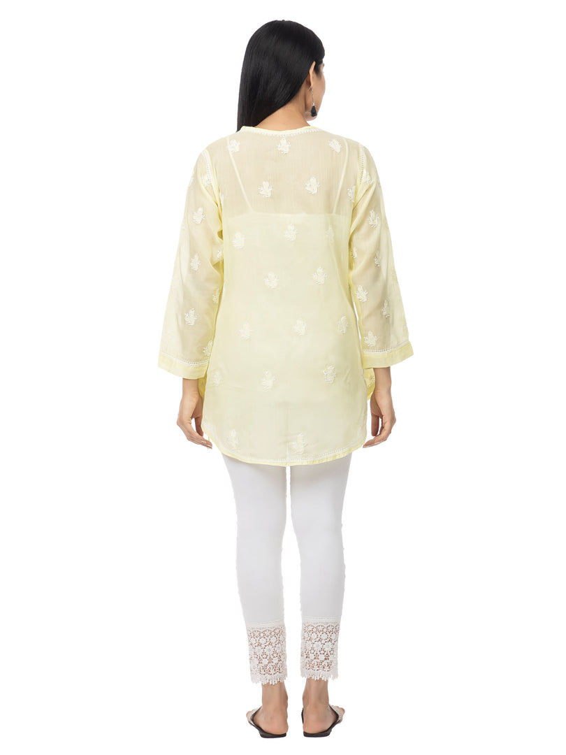 Seva Chikan Hand Embroidered Yellow Cotton Lucknowi Chikankari Short Top-SCL2043
