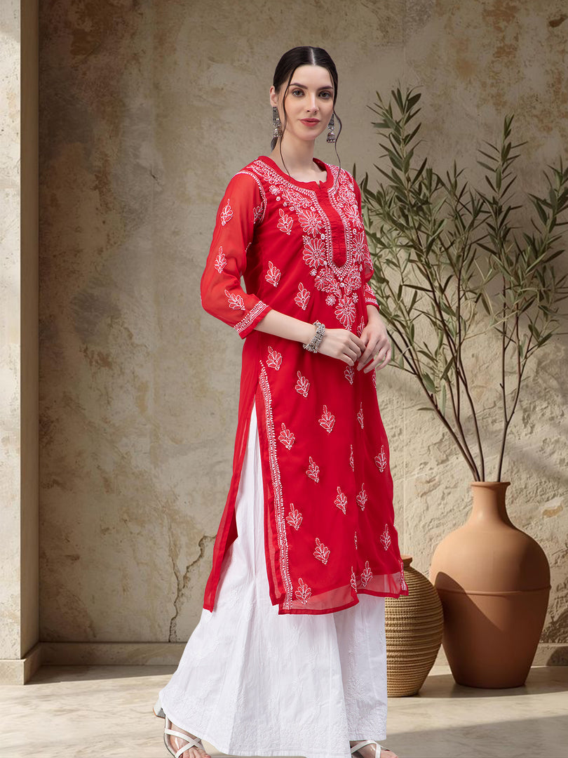 Seva Chikan Hand Embroidered Georgette Chikankari Kurta With Matching Slip