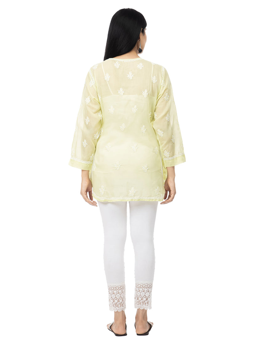 Seva Chikan Hand Embroidered Lemon Cotton Lucknowi Chikankari Short Top-SCL2044