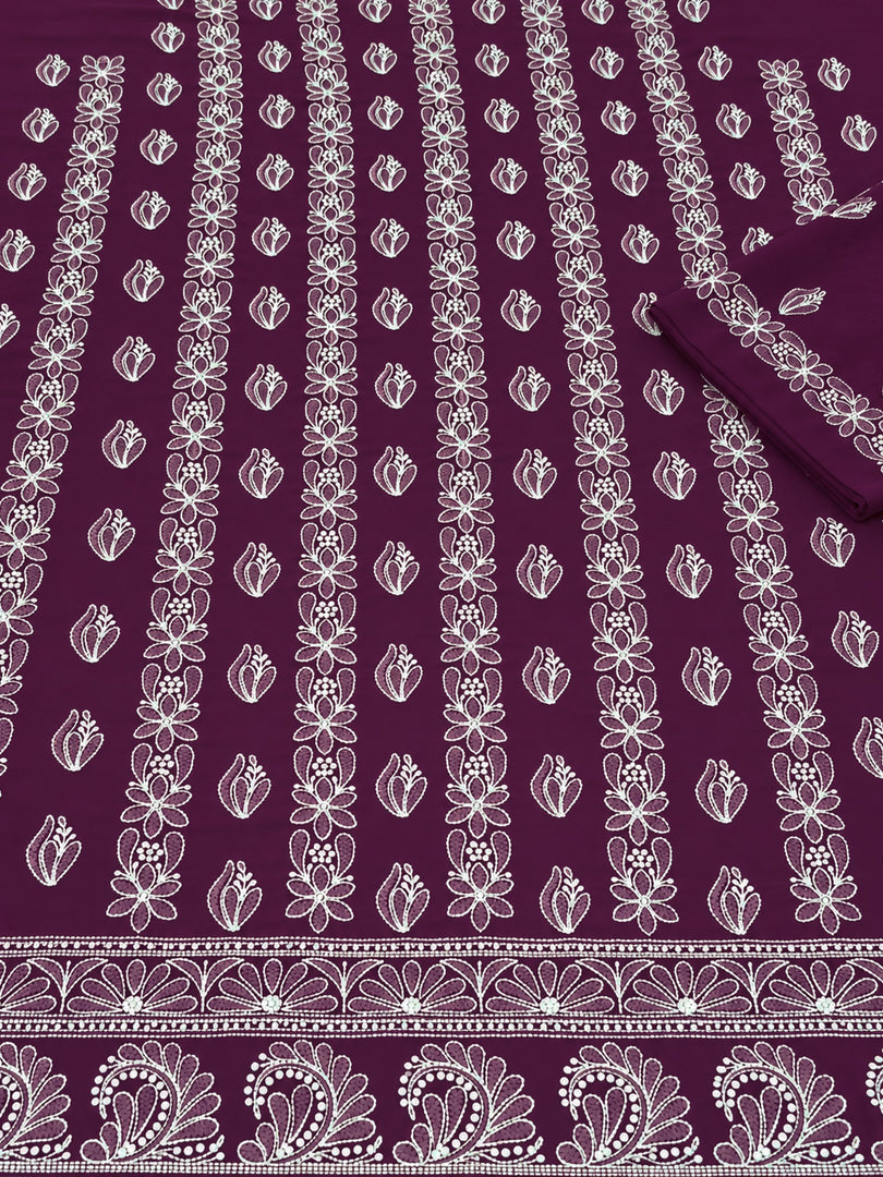 Seva Chikan Hand Embroidered Wine Georgette  Lucknowi Chikankari Unstitched Suit Piece-SEV15040