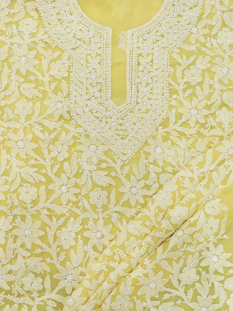 Seva Chikan Hand Embroidered Yellow Georgette Lucknowi Chikankari Unstitched Suit Piece-SCL13133