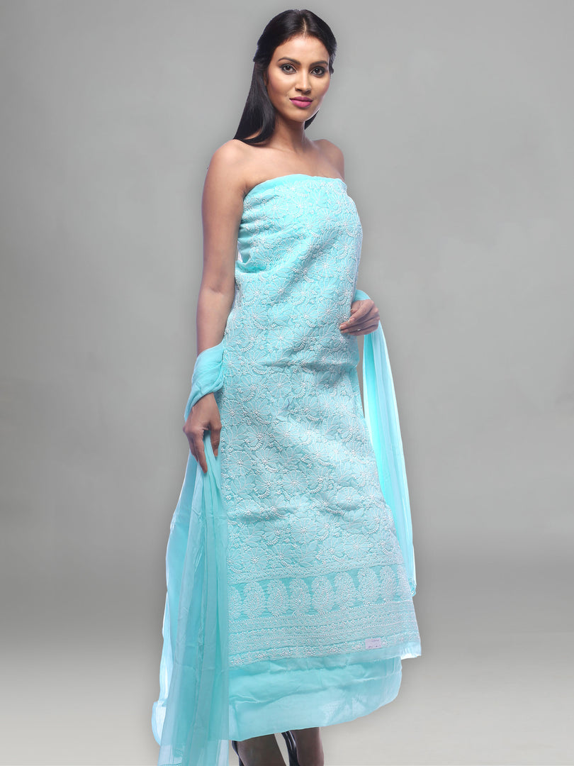 Seva Chikan Hand Embroidered Turquoise Cotton Lucknowi Chikankari Unstitched Suit Piece-SCL0043