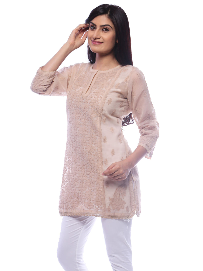 Seva Chikan Hand Embroidered Beige Cotton Lucknowi Chikankari Long Top-SCL0197