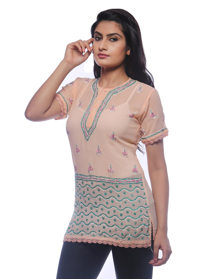 Seva Chikan Hand Embroidered Peach Georgette Lucknowi Chikankari Short Top With Sequins Work-SCL0168