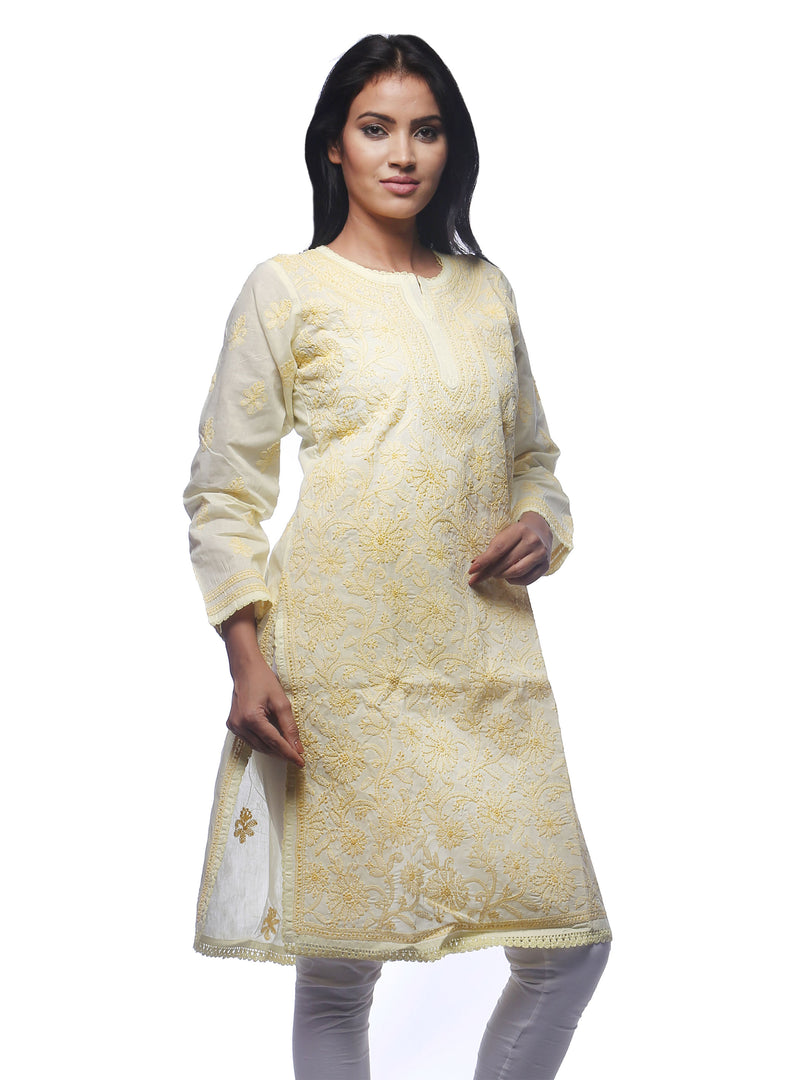 Seva Chikan Hand Embroidered Yellow Cotton Lucknowi Chikan Kurti-SCL0320