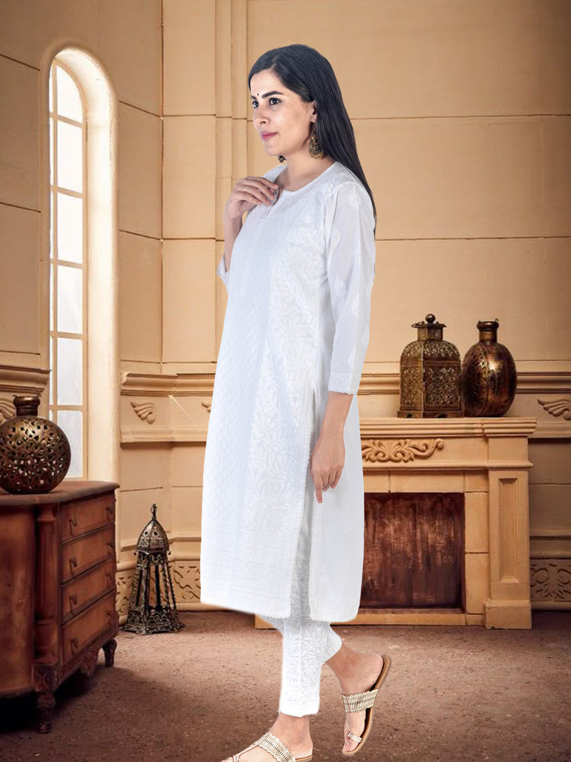 Seva Chikan Hand Embroidered White Cotton Lucknowi Chikan Kurti SCL1314