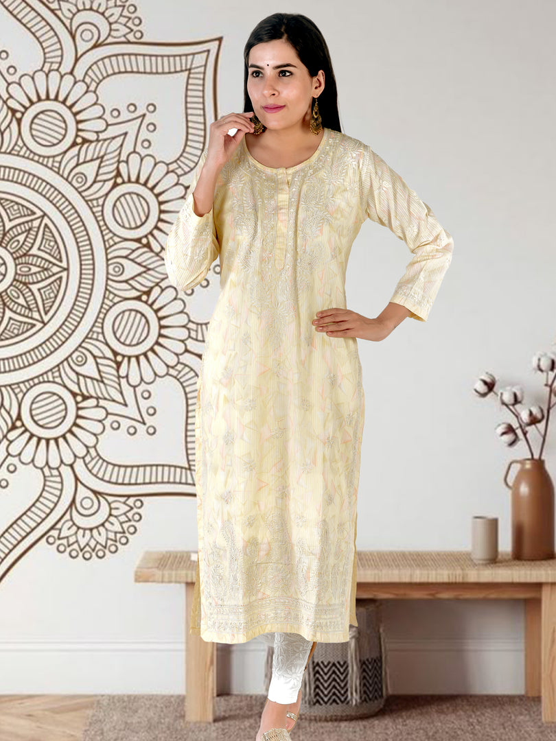 Seva Chikan Hand Embroidered Yellow Cotton Lucknowi Chikan Kurti SCL1322
