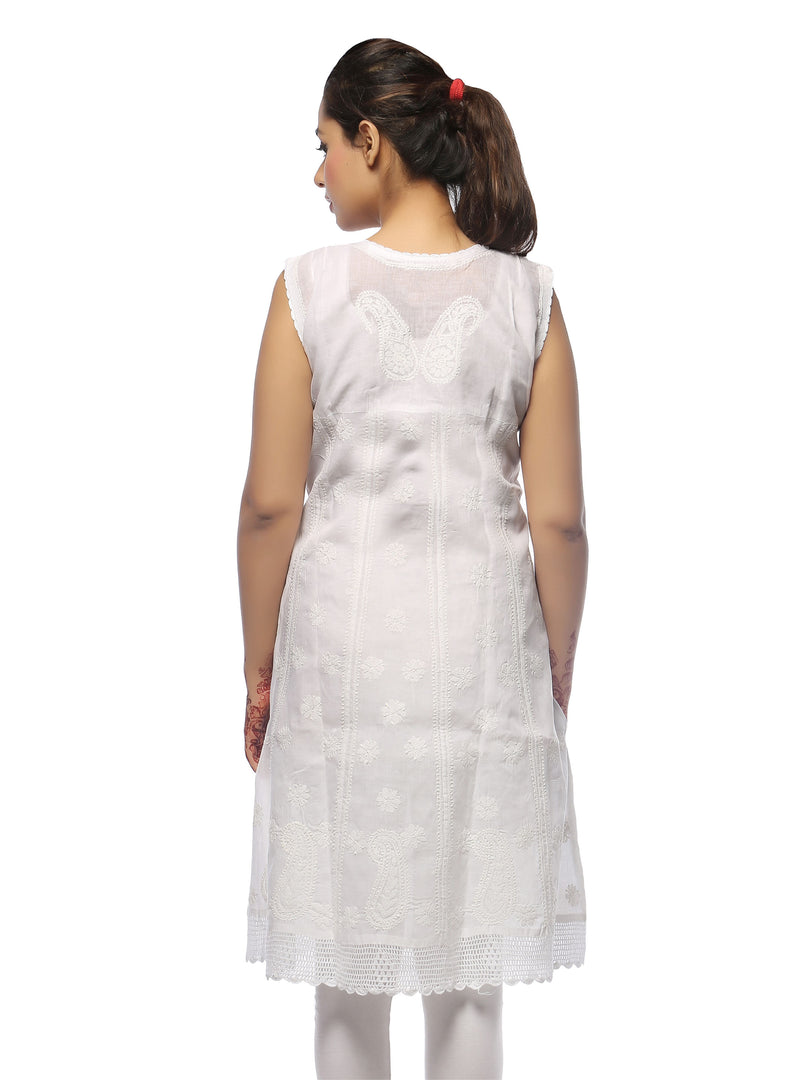 Seva Chikan Hand Embroidered White Cotton Lucknowi Chikan A-Line Kurta-SCL0670
