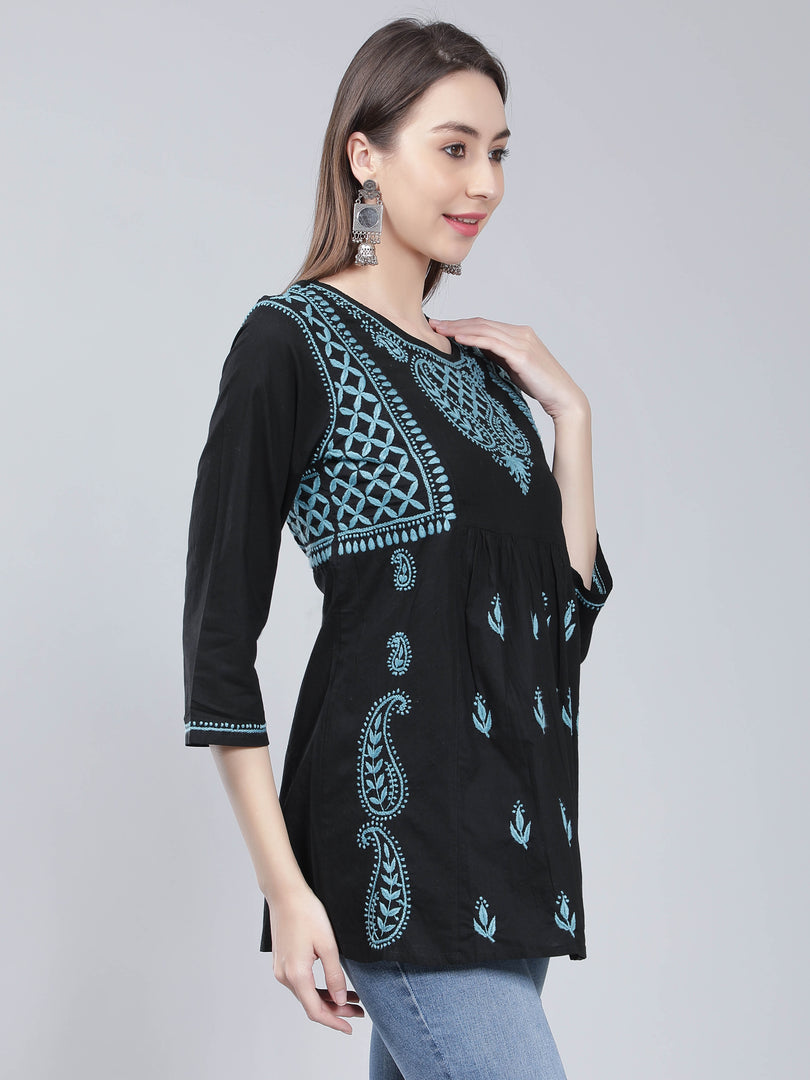 Seva Chikan Hand Embroidered  Black Cotton Lucknowi Chikankari Top