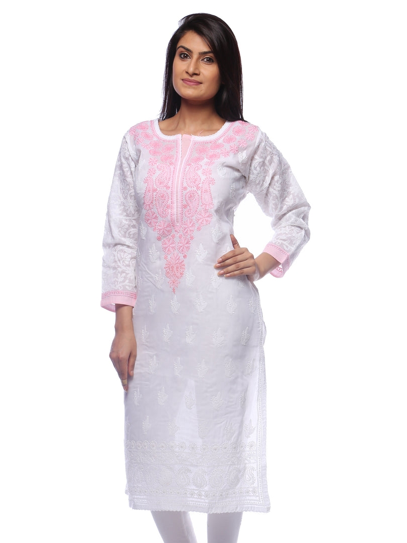 Seva Chikan Hand Embroidered White Cotton Lucknowi Chikan Kurti-SCL0304