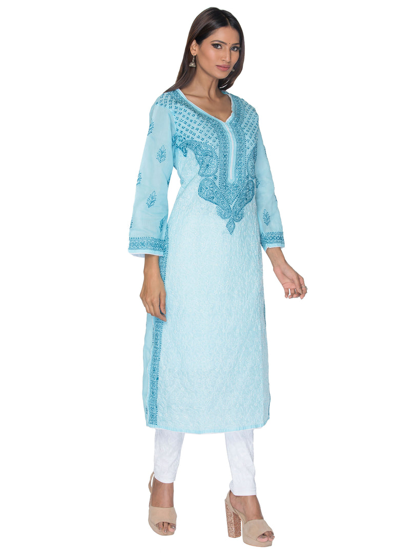 Seva Chikan Hand Embroidered Sky Blue Cotton Lucknowi Chikan Kurta-SCL0898