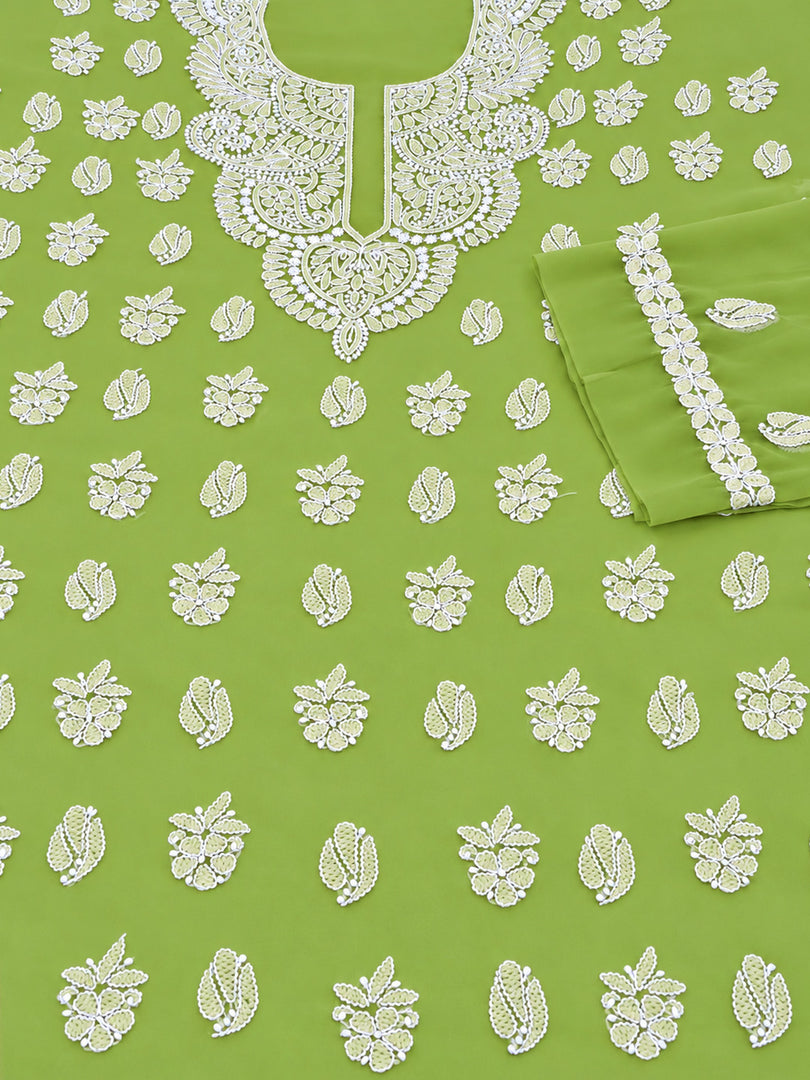 Seva Chikan Hand Embroidered Green Georgette Lucknowi Chikankari Unstitched Suit Piece-SEV15044