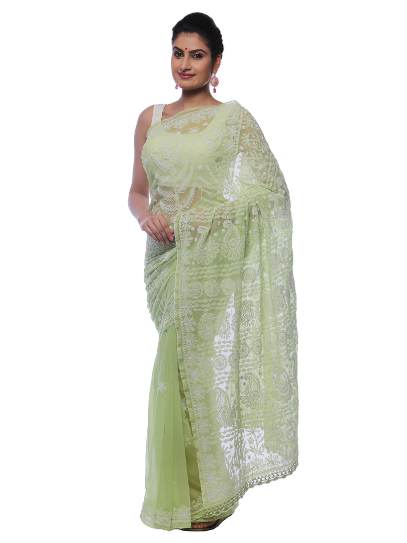 Seva Chikan Hand Embroidered Pista Green Georgette Lucknowi Saree-SCL0365