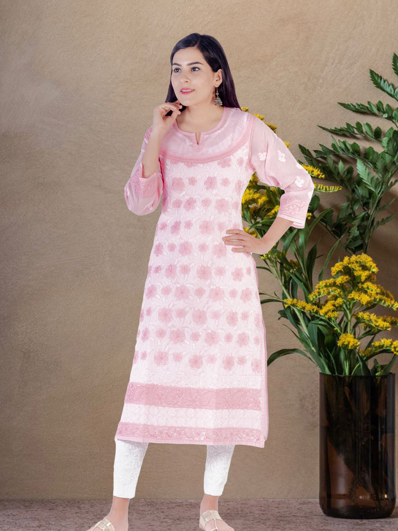 Seva Chikan Hand Embroidered Pink Cotton Lucknowi Chikan Kurti SCL1203