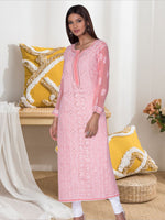 Load image into Gallery viewer, Seva Chikan Hand Embroidered Peach Georgette Lucknowi Chikan Kurti SCL1009
