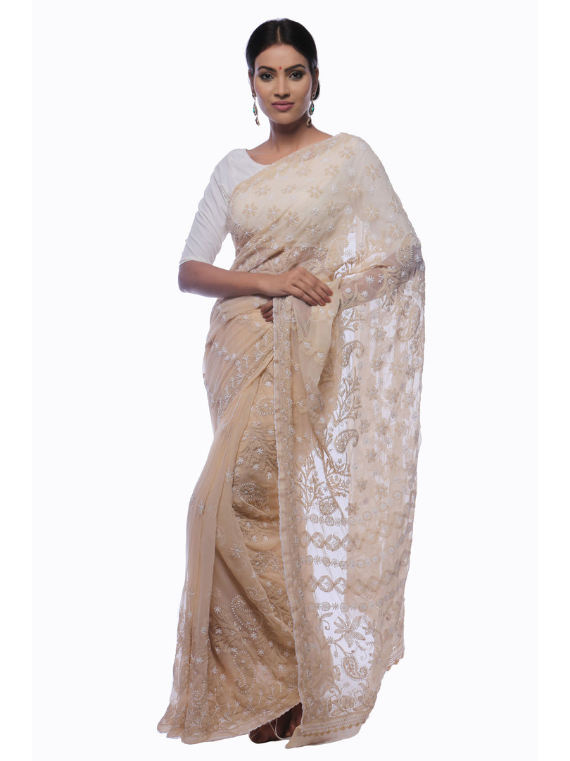 Seva Chikan Hand Embroidered Fawn Georgette Lucknowi Saree-SCL0373