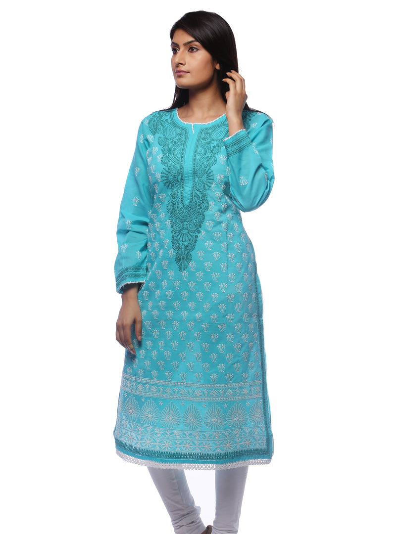 Seva Chikan Hand Embroidered Turquoise Cotton Lucknowi Chikan Kurti-SCL0273