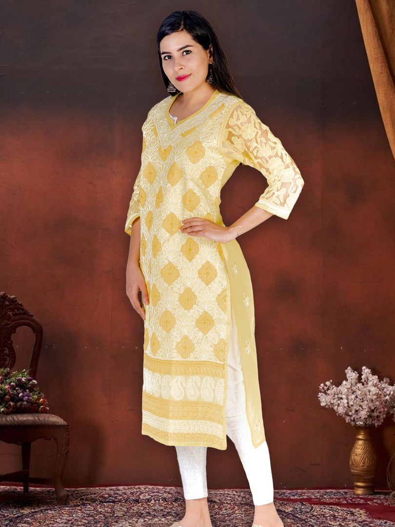Seva Chikan Hand Embroidered Yellow Cotton Lucknowi Chikan Kurti SCL1205