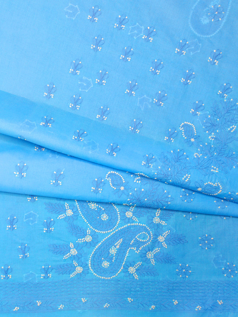 Seva Chikan Hand Embroidered Blue Terivoil Cotton Lucknowi Chikankari Unstitched Suit Piece-SCL13006