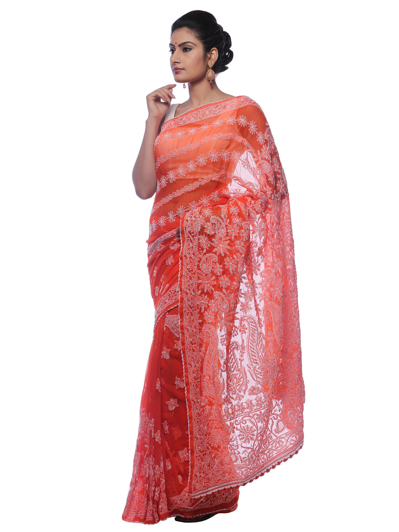 Seva Chikan Hand Embroidered Orange Georgette Lucknowi Saree-SCL0375