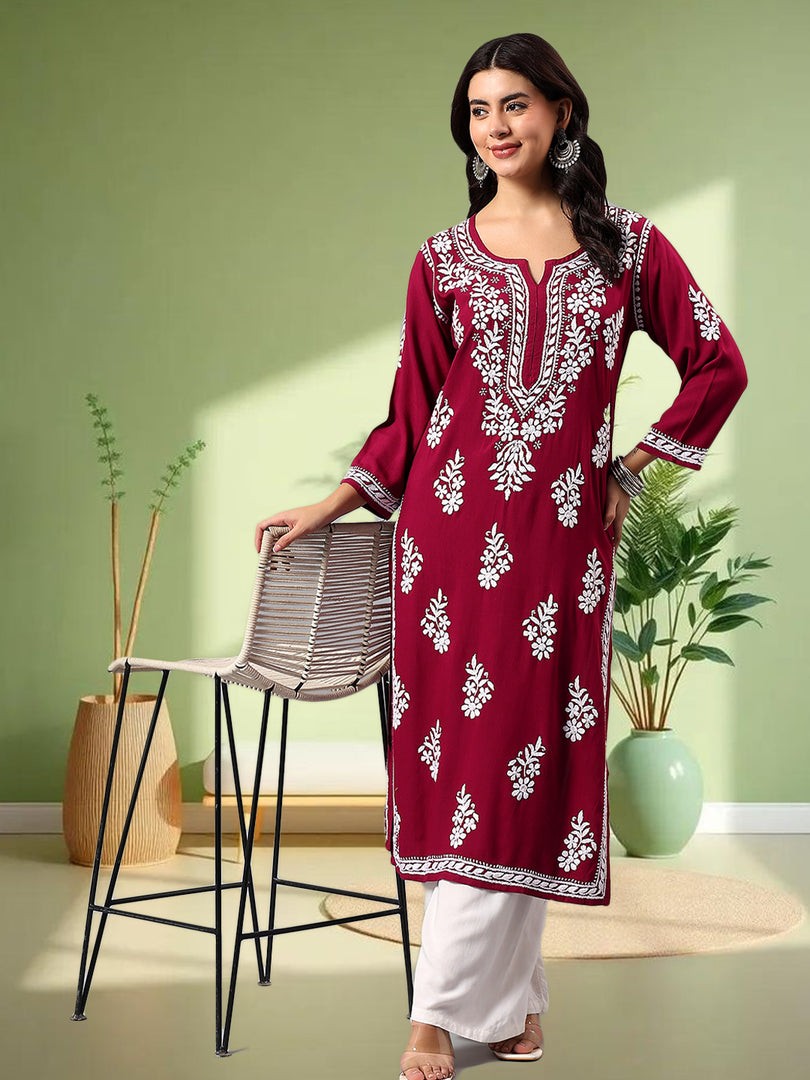 Seva Chikan Hand Embroidered Lucknowi Chikankari Purple Rayon Kurta SCL4508