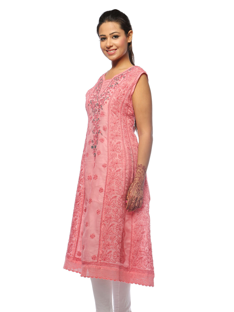 Seva Chikan Hand Embroidered Pink Cotton Lucknowi Chikan Kurti-SCL0608
