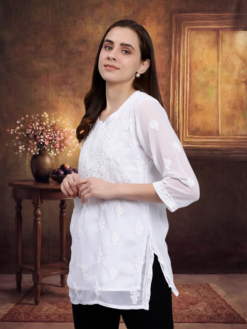 Seva Chikan Hand Embroidered Georgette Lucknowi Chikankari Top With Slip