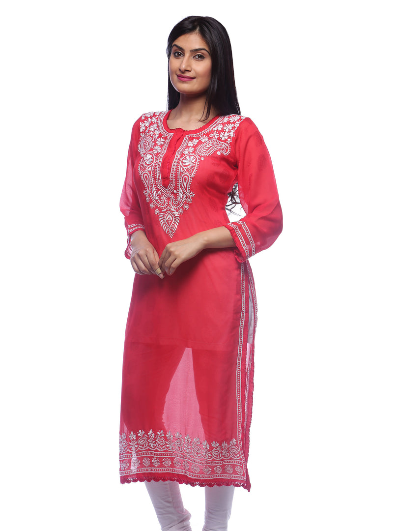 Seva Chikan Hand Embroidered Red Faux Georgette Lucknowi Chikan Kurti-SCL0281