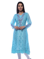 Load image into Gallery viewer, Seva Chikan Hand Embroidered Sky Blue Cotton Lucknowi Chikankari Anarkali- SCL0234