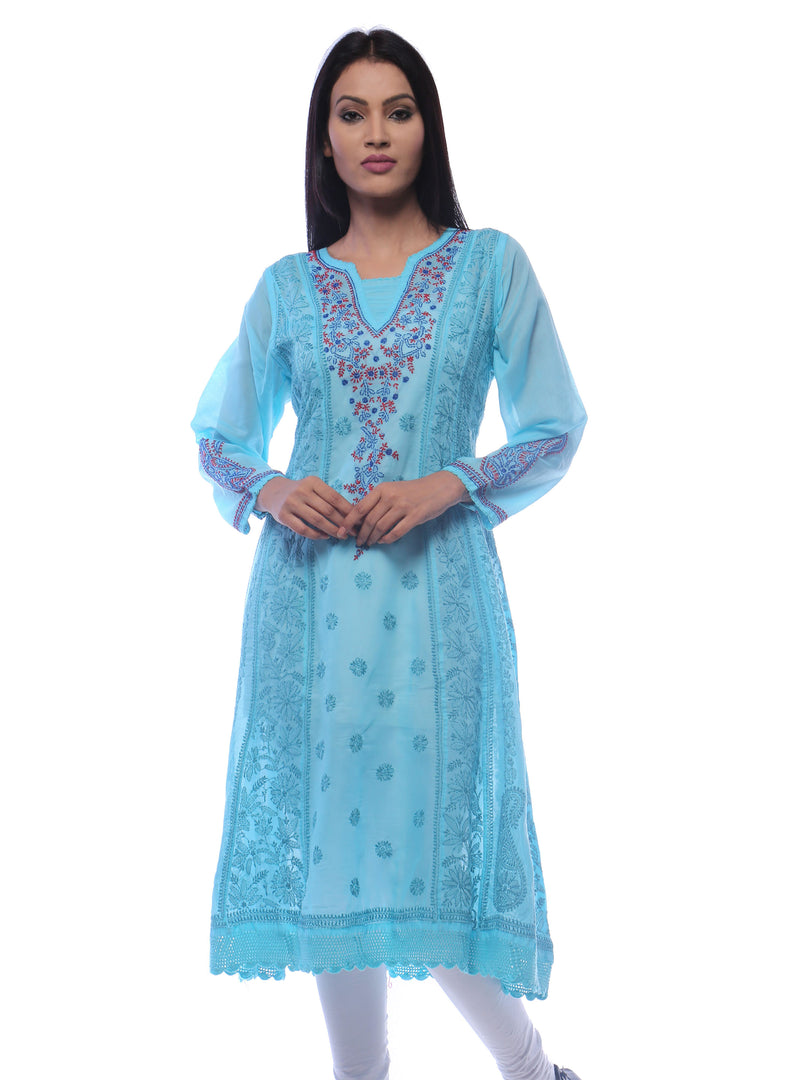 Seva Chikan Hand Embroidered Sky Blue Cotton Lucknowi Chikankari Anarkali- SCL0234