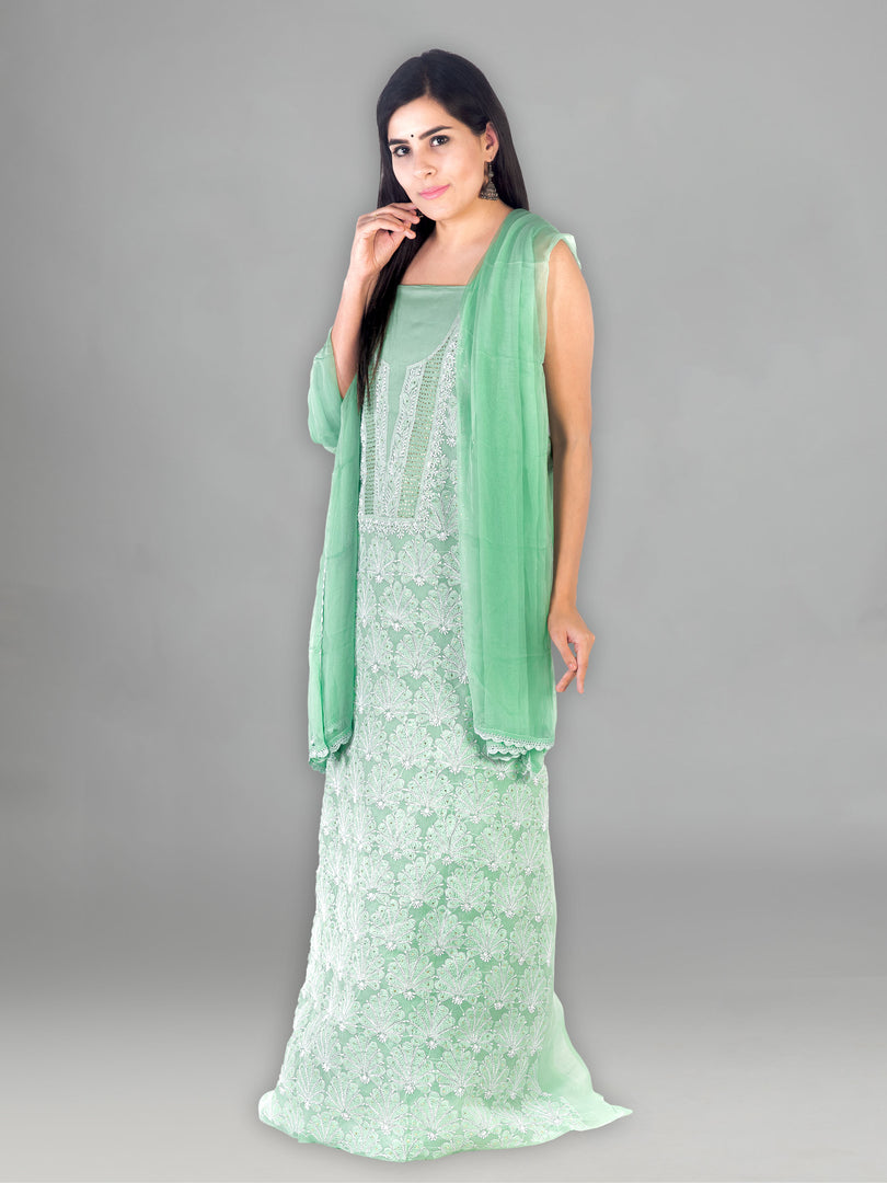 Seva Chikan Hand Embroidered Sea Green Cotton Lucknowi Chikankari Unstitched Suit Piece-SCL1391